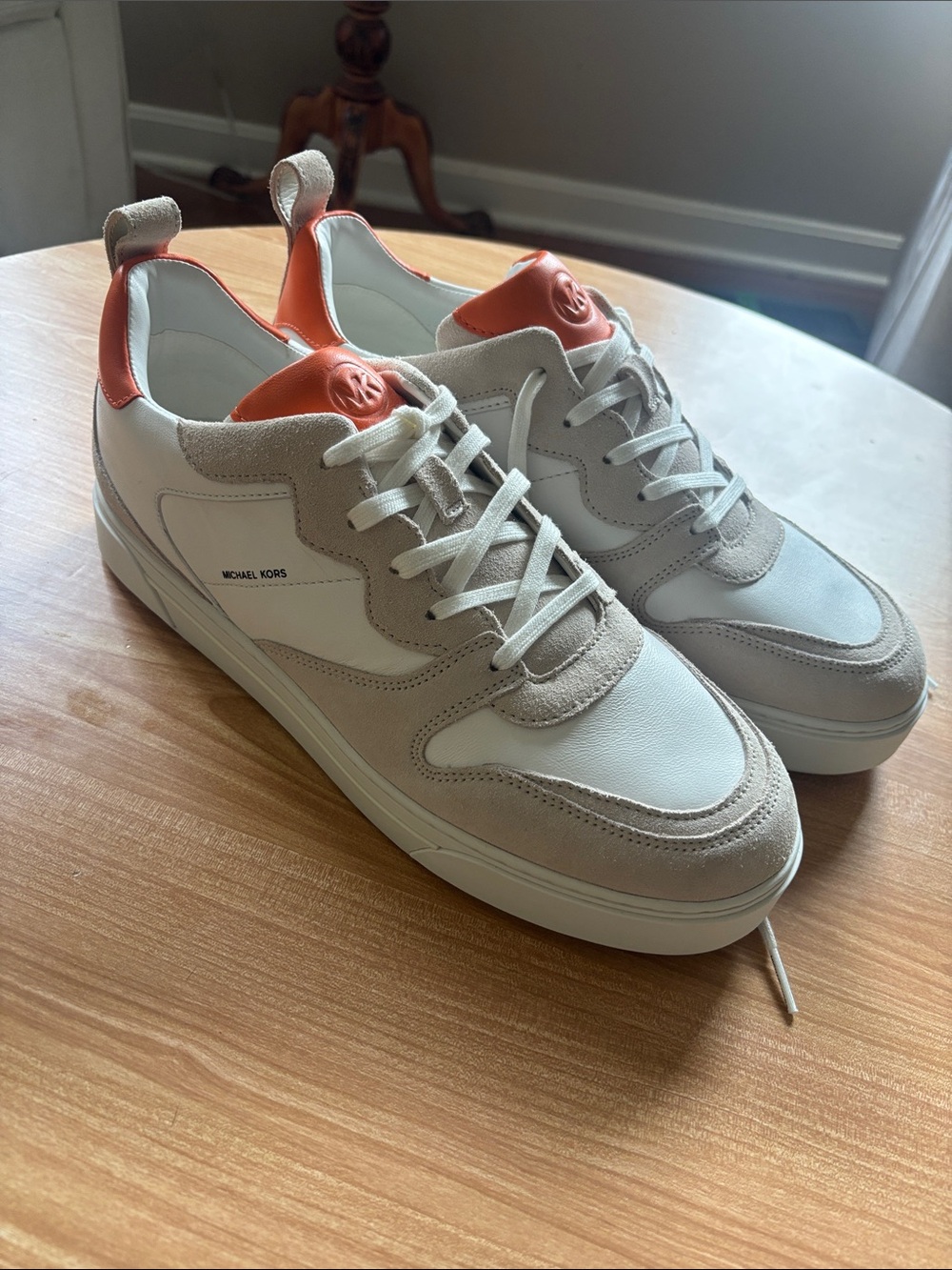 Michael Kors Men's White and Orange Low-Top Sneakers with Suede Accents